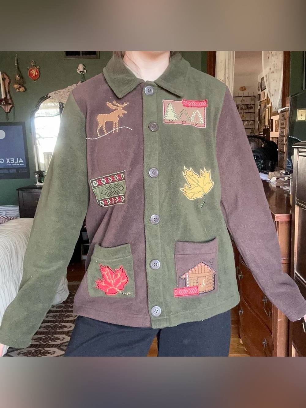 Green and Brown Patchwork Teddy Fleece Jacket